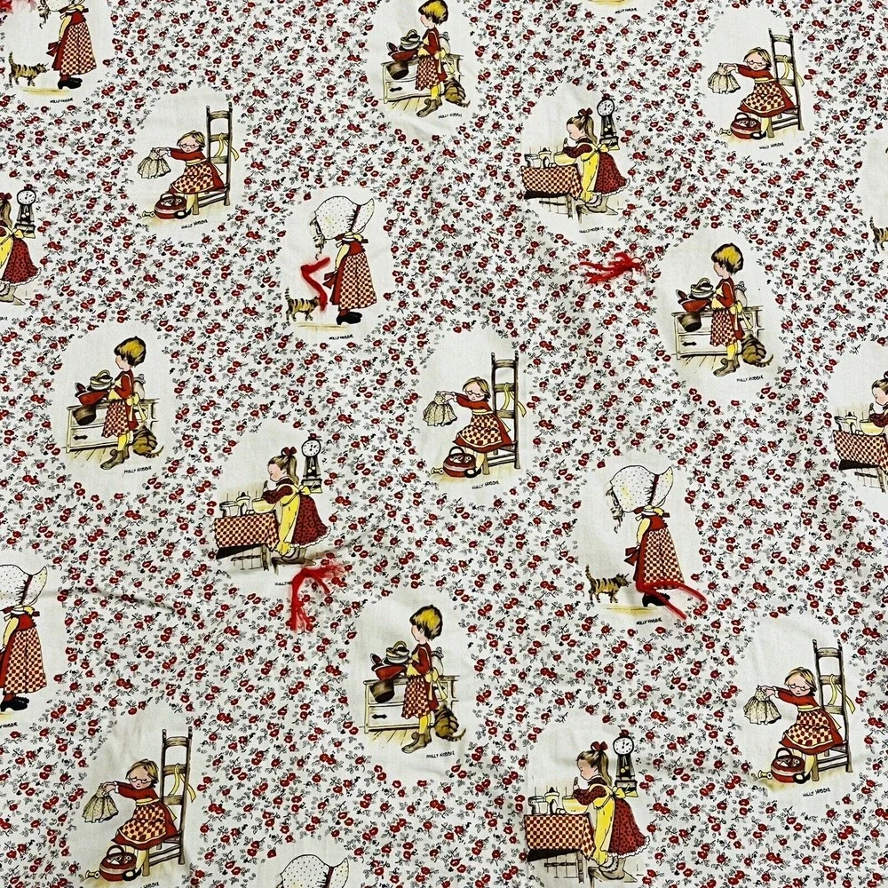 Vtg Homemade Holly Hobbie Throw Blanket Red Floral Fabric Fleece‎ Back Tie Quilt
